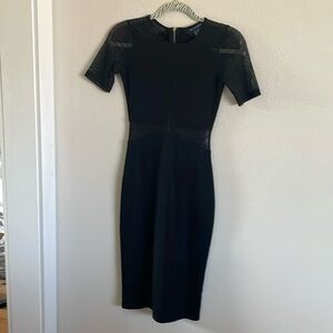French Connection Black Mesh Cutout Cocktail Midi Dress Bodycon